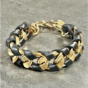 Skinny-Jessica Elliot Gold Tone Chunky Curb Chain Black Woven Leather Bracelet